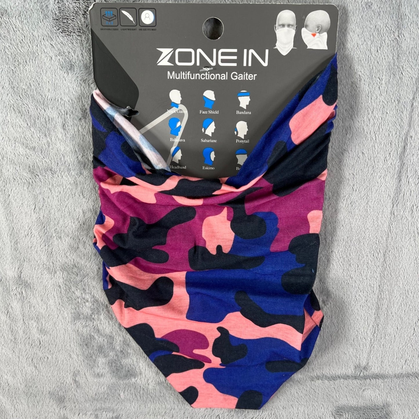 NWT Zone In Pink/Black/Blue Camo Pattern Multifunctional Gaiter (One Size)