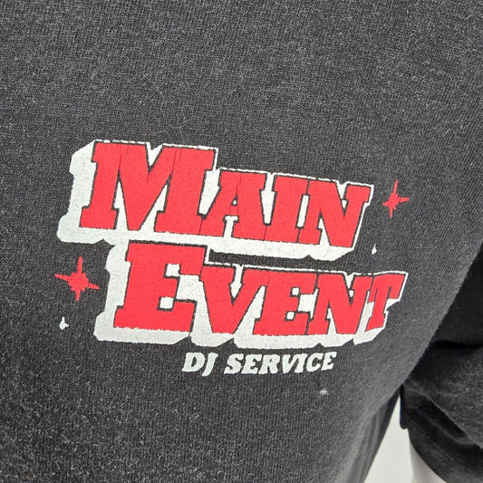 Vintage 1990s Single Stitch Main Event DJ Service Black Graphic T-Shirt (M/L)