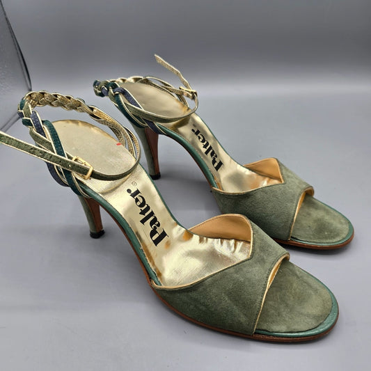 Vintage 1970s Palter Green & Gold Braided-Ankle Stiletto Disco Sandals (7N)