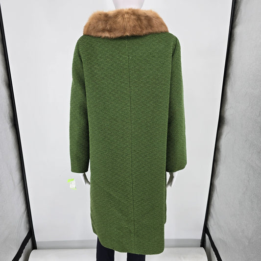 Vintage 1960s Hutner Paris Green Montera Wool Faux Mink Collar Coat (L)