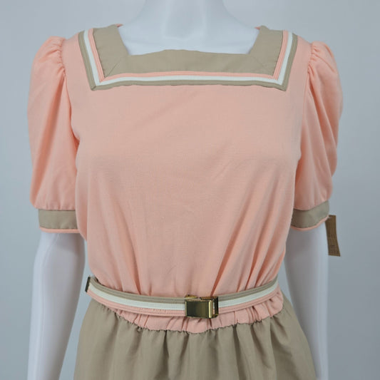 Vintage 1980s Peach/Tan Color Block Sailor Collar Puff Sleeve Day Dress (8/M)