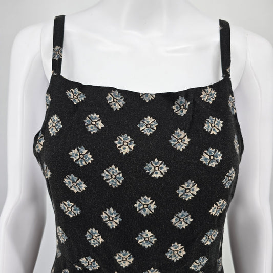 1990s Stefano World Wide Black Floral Medallion Sleeveless Rayon Sundress (S)