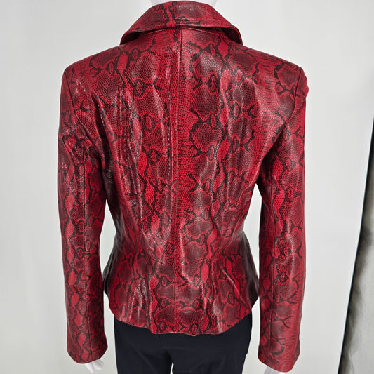 Vintage Y2K Sienna Studio Women's Red Embossed Snake Print Leather Jacket (S)