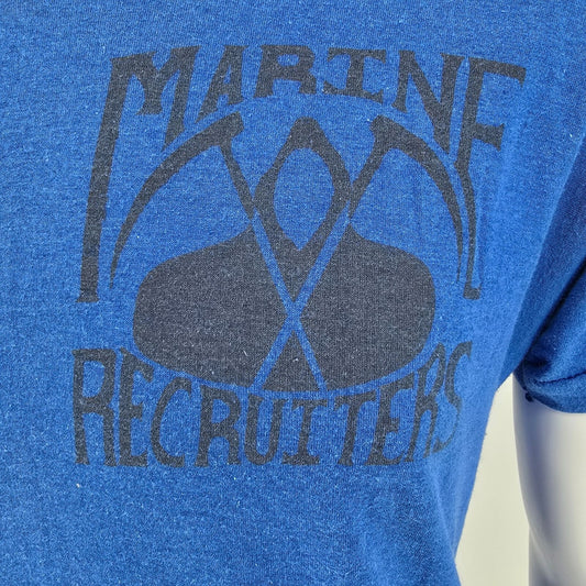 Vintage 1980s Screen Stars USMC Marine Recruiters Single Stitch Blue T-Shirt (M)