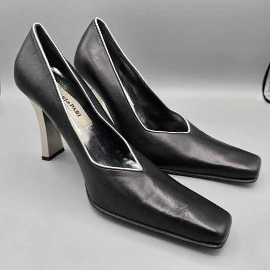 Vintage Y2K Pari & Pari Black Nappa Leather Square-Toe Silver Piping Pumps (7B)