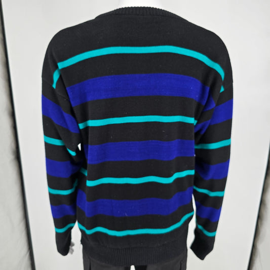Vintage 1990s Van Cort Black/Blue/Teal Striped Acrylic Crew Neck Sweater (XL)