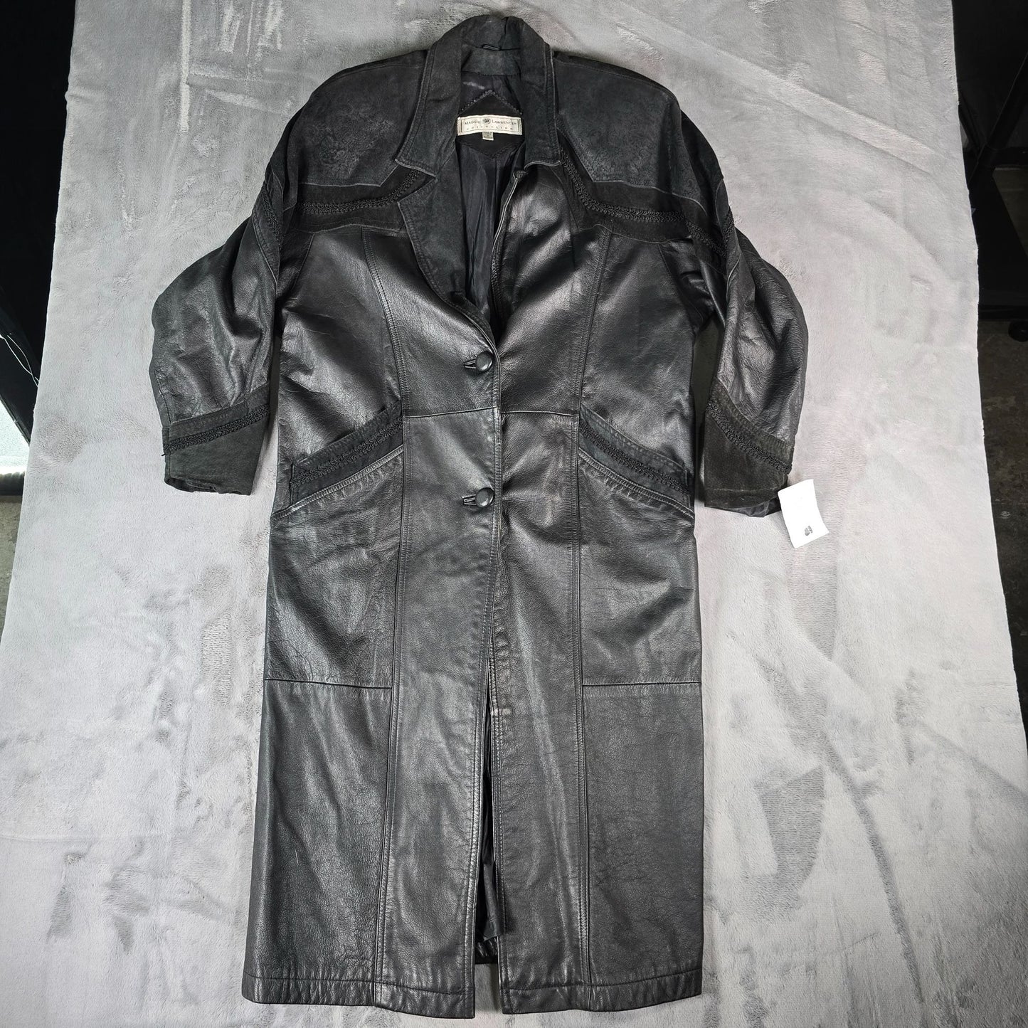 Vintage Late 1980s Maggie Lawrence Women's Paisely Trim Leather Duster Coat (M)