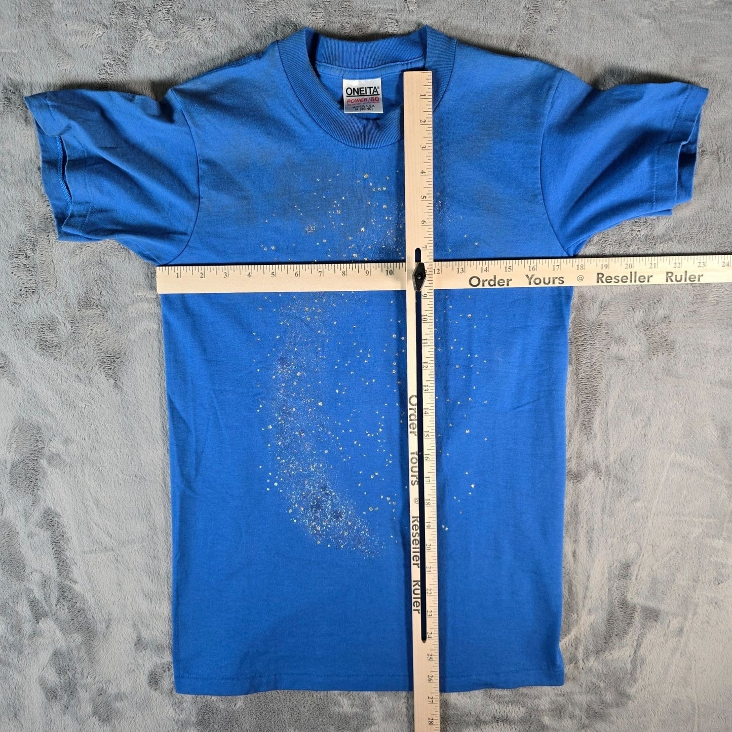 Vintage 1990s Oneita Blue/Silver Galaxy Glitter Print Single Stitch T-Shirt (S)