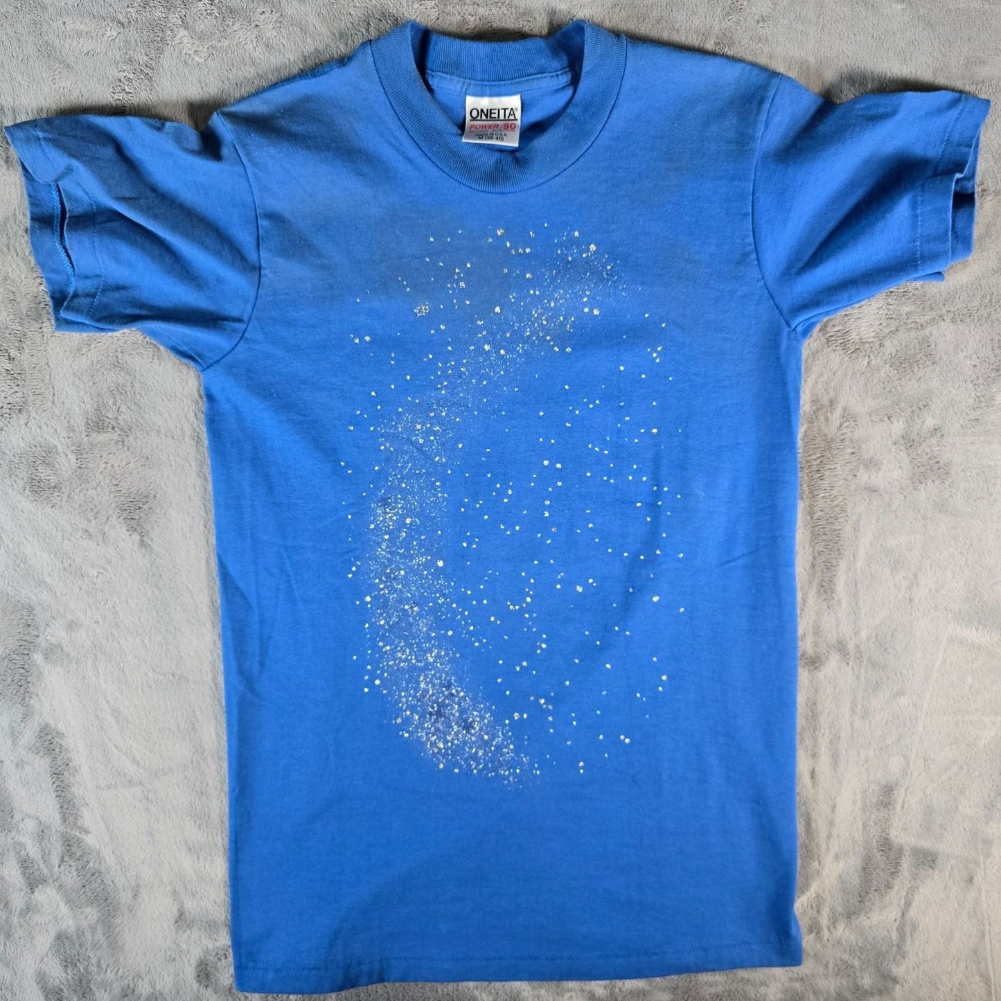 Vintage 1990s Oneita Blue/Silver Galaxy Glitter Print Single Stitch T-Shirt (S)