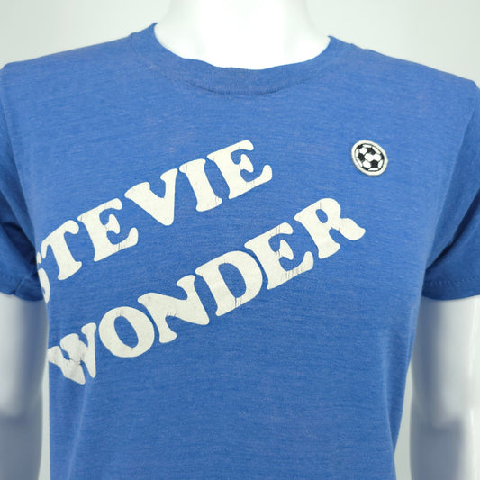 Vintage 1970s DIY "Stevie Wonder" Flocked Letter Soccer Ball Patch T-Shirt (S)