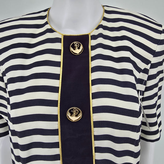 Vintage 1980s Petite Sophisticate Nautical Stripe Anchor Button Dress (Small)