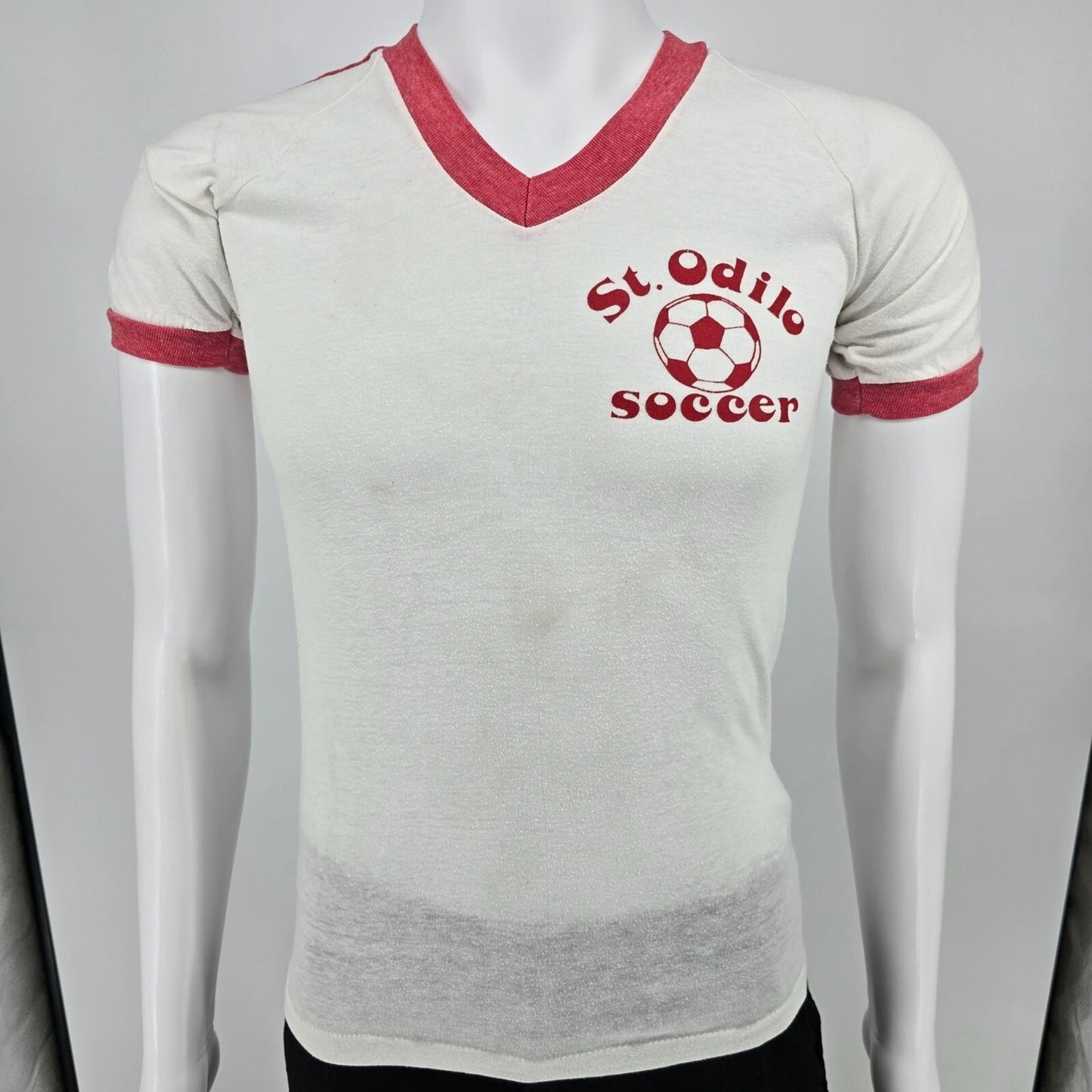 Vintage 1980s St. Odilo Soccer #9 Vintage Soccer Jersey Ringer Tee T=Shirt (XS)