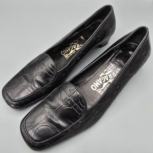 Vintage Salvatore Ferragamo Embossed Gancini Pattern Black Leather Loafers (6B)