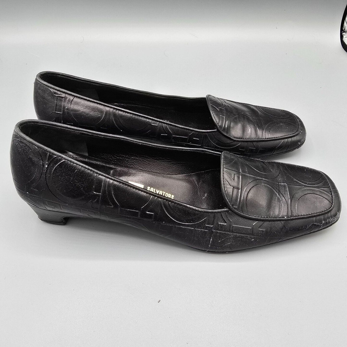 Vintage Salvatore Ferragamo Embossed Gancini Pattern Black Leather Loafers (6B)