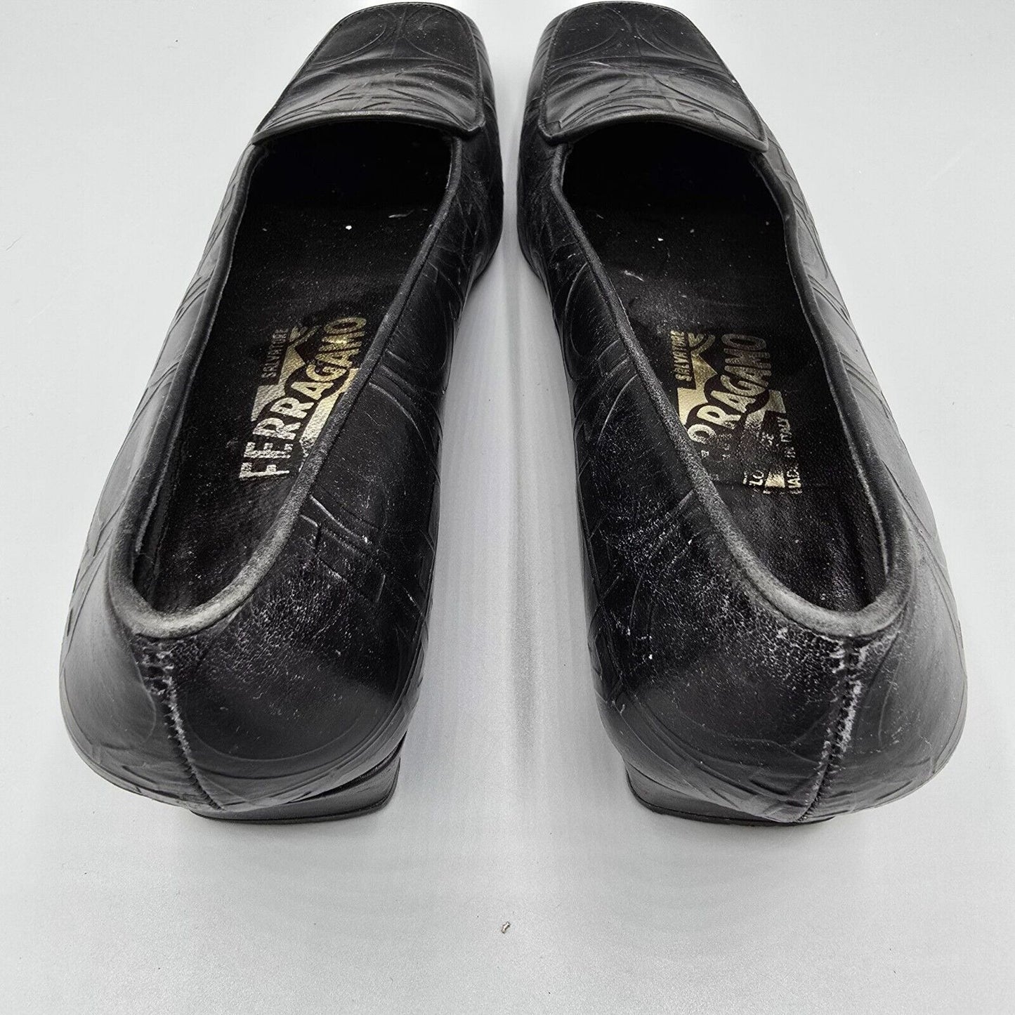 Vintage Salvatore Ferragamo Embossed Gancini Pattern Black Leather Loafers (6B)