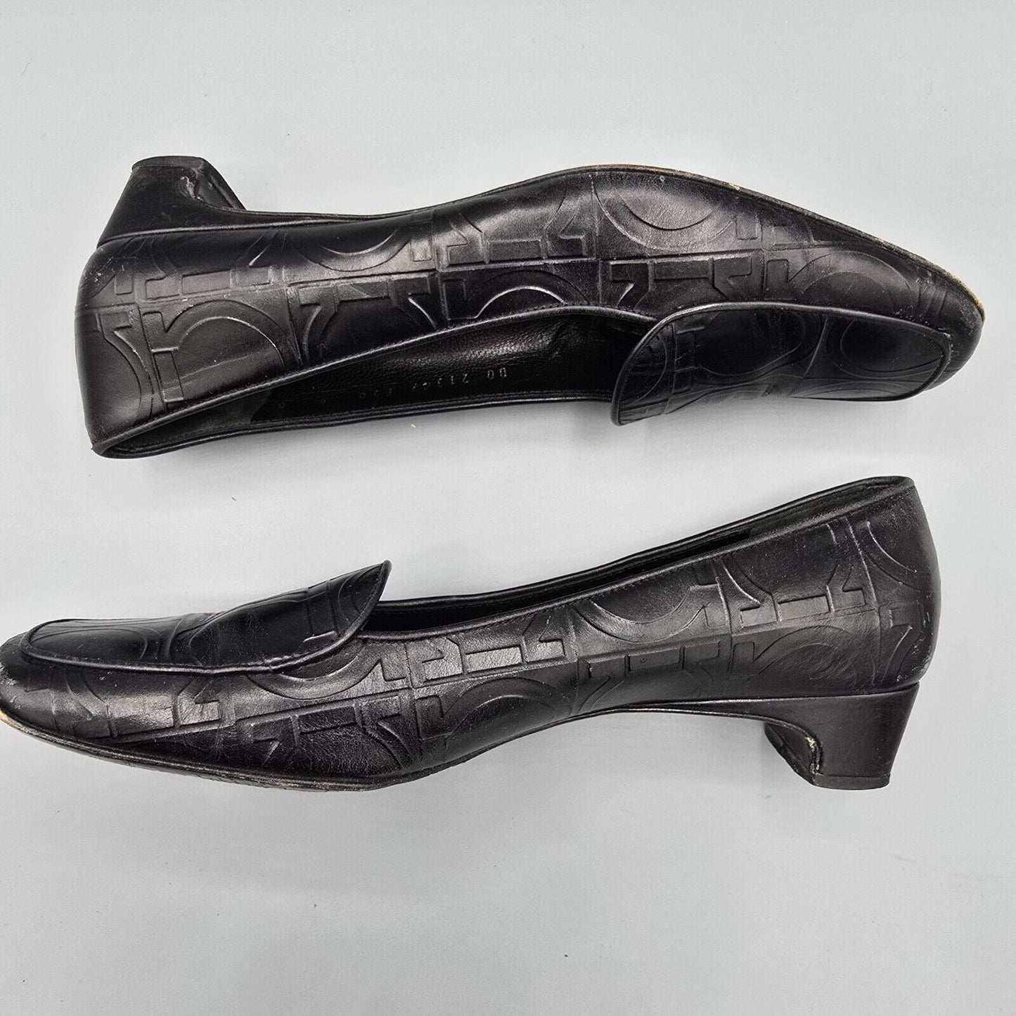 Vintage Salvatore Ferragamo Embossed Gancini Pattern Black Leather Loafers (6B)