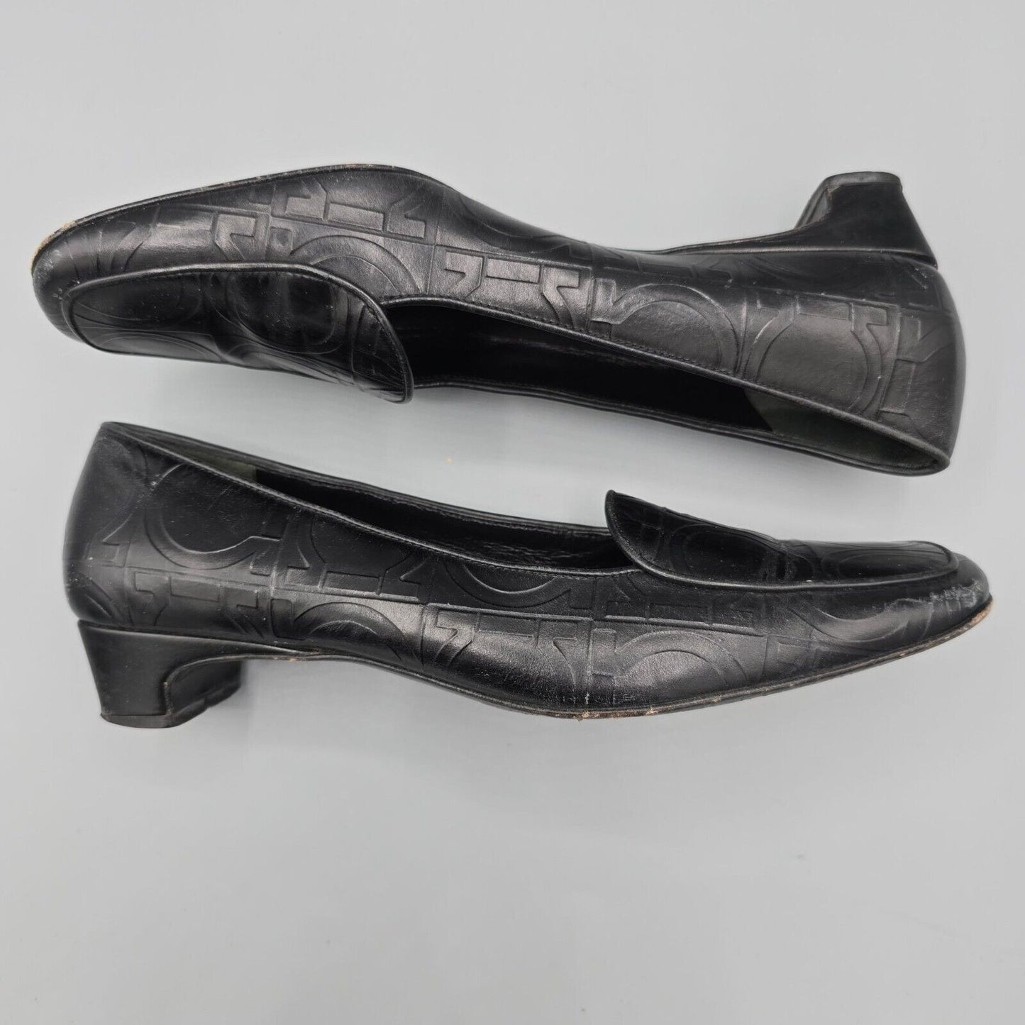 Vintage Salvatore Ferragamo Embossed Gancini Pattern Black Leather Loafers (6B)