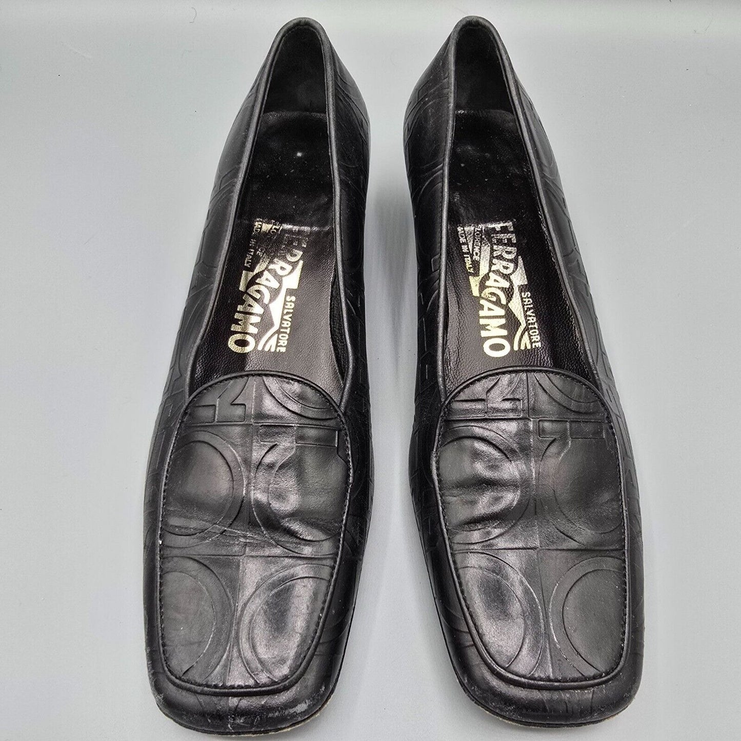 Vintage Salvatore Ferragamo Embossed Gancini Pattern Black Leather Loafers (6B)