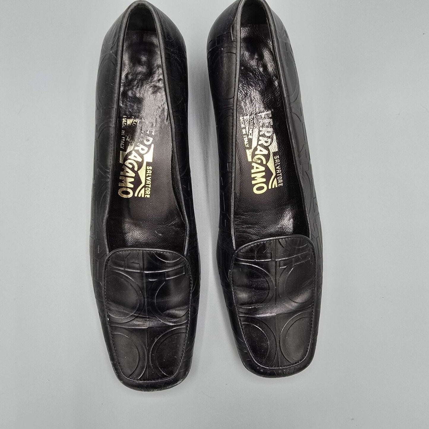 Vintage Salvatore Ferragamo Embossed Gancini Pattern Black Leather Loafers (6B)