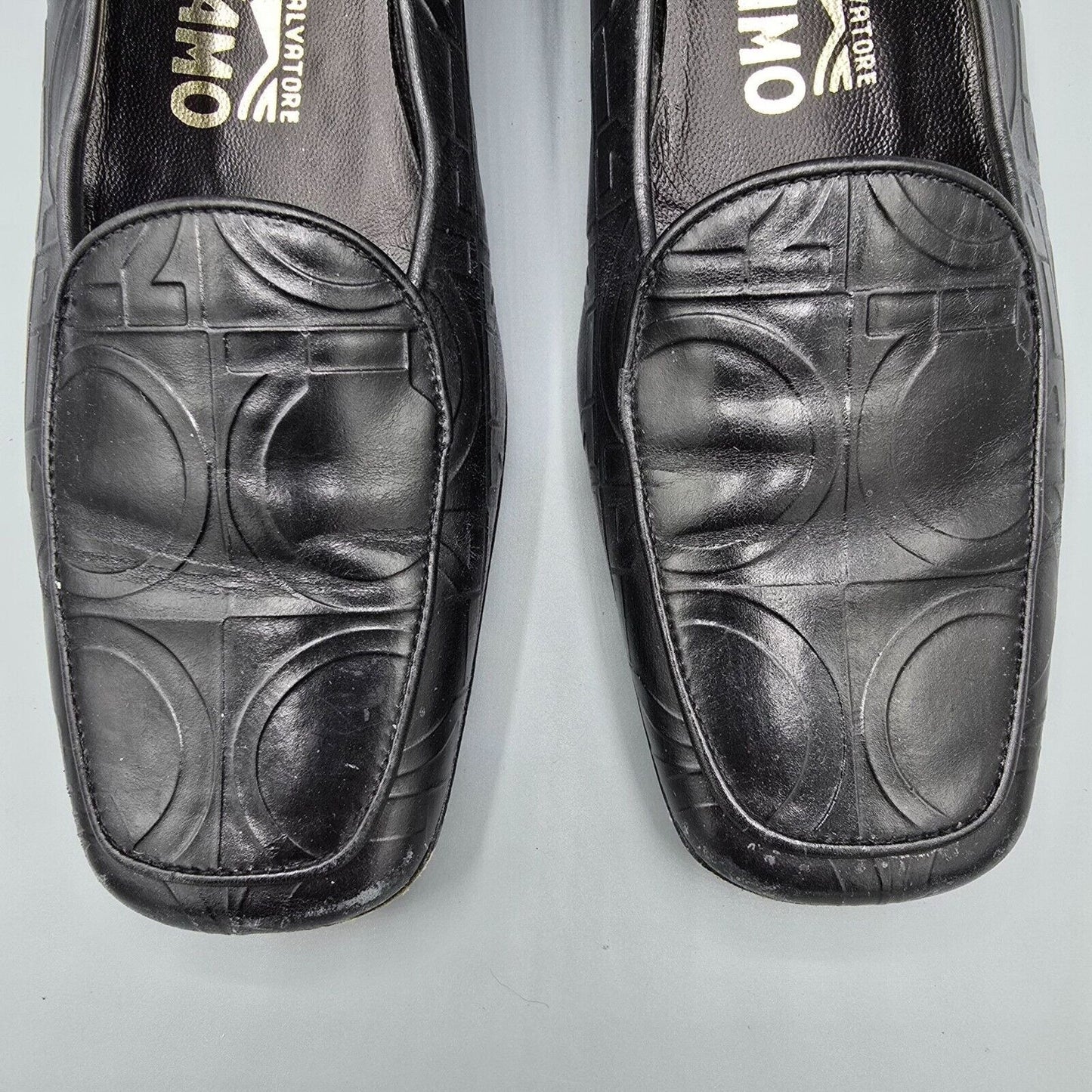 Vintage Salvatore Ferragamo Embossed Gancini Pattern Black Leather Loafers (6B)