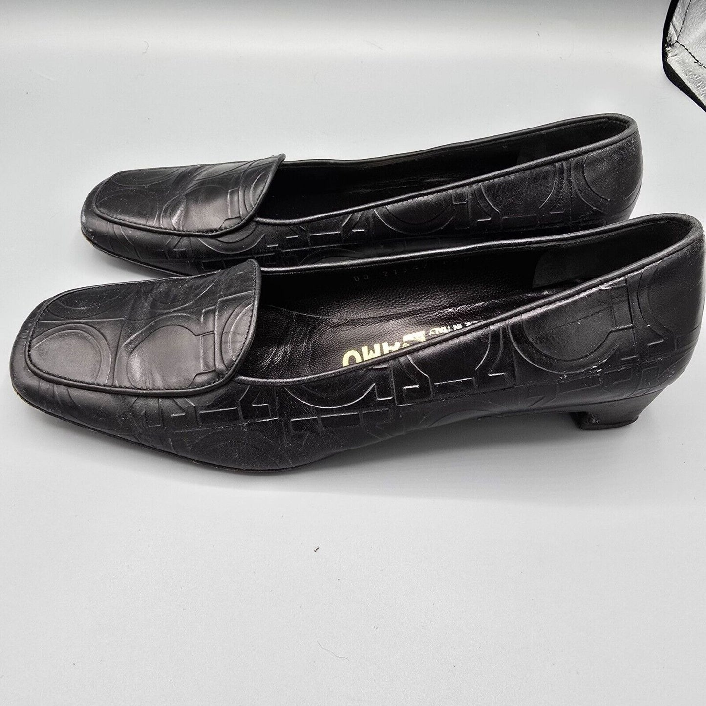 Vintage Salvatore Ferragamo Embossed Gancini Pattern Black Leather Loafers (6B)