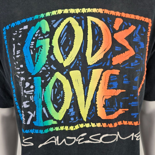 Vintage 1990's "God's Love is Awesome" Rainbow Puff Print Black T-Shirt (L/XL)