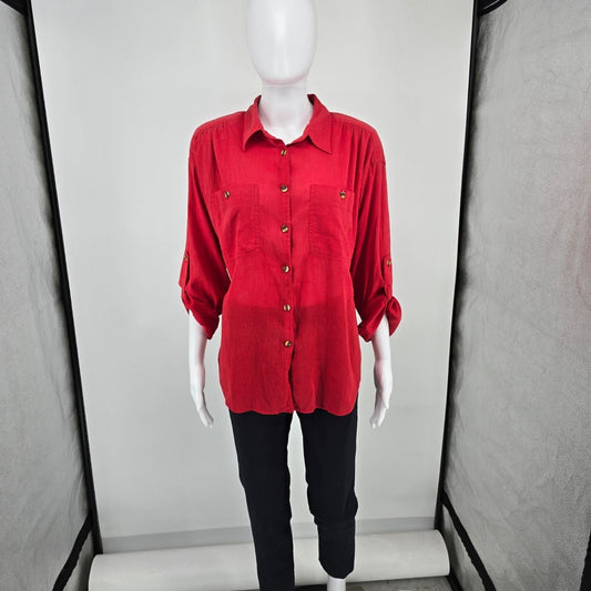 Vintage 1980s Joan Harper Red Collared Button Front Shoulder Padded Blouse (XL)