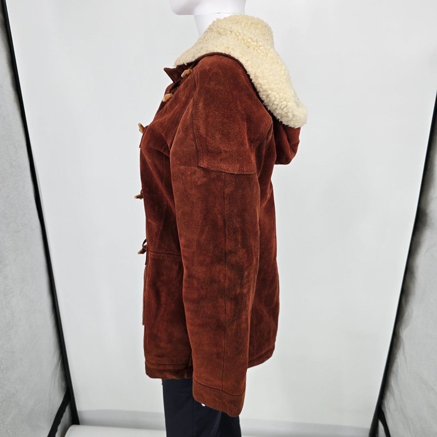 Vintage 1970s Berman's Sherpa Lined Rust Brown Suede Duffle Coat (Medium)