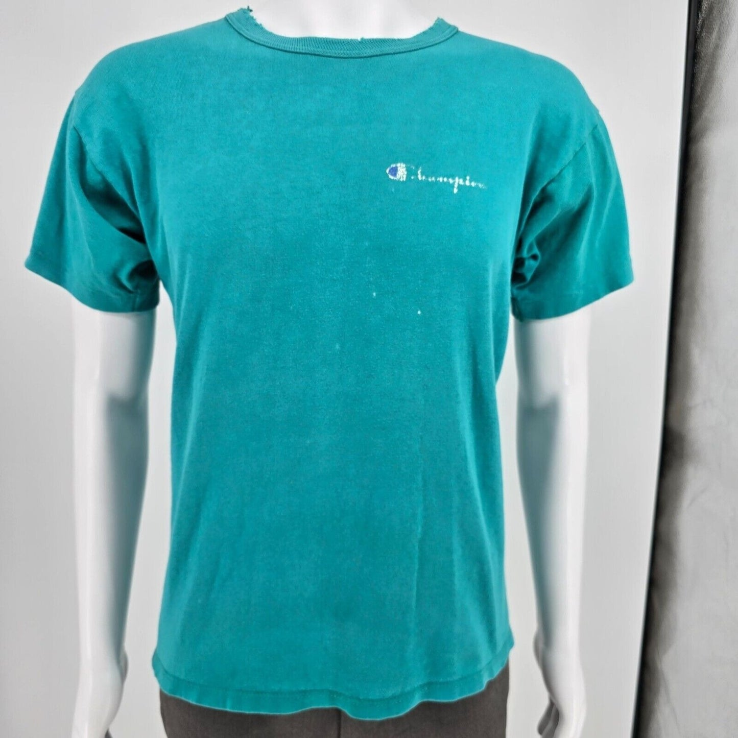 Distressed Vintage 1980s Champion Script Logo Single Stitch Teal T-Shirt (M)