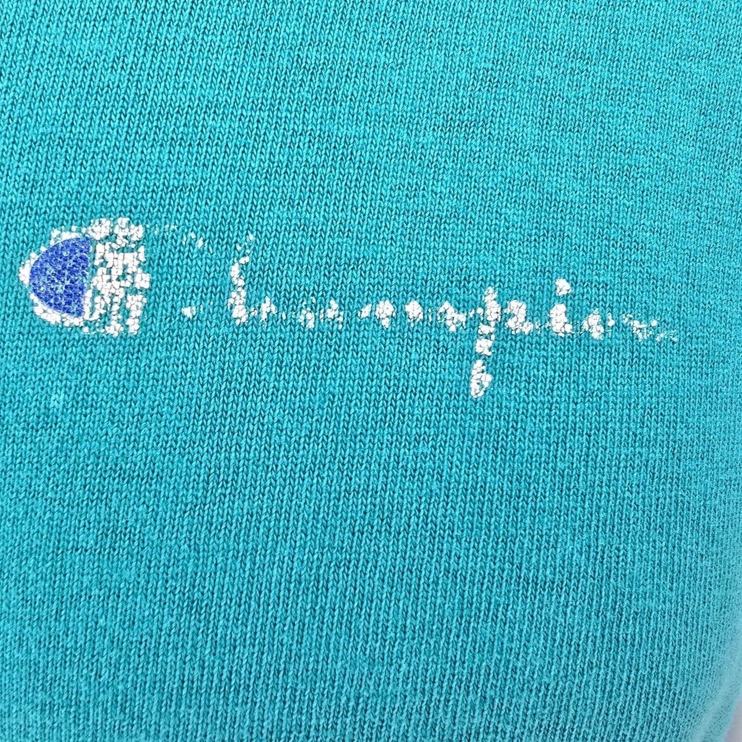 Distressed Vintage 1980s Champion Script Logo Single Stitch Teal T-Shirt (M)