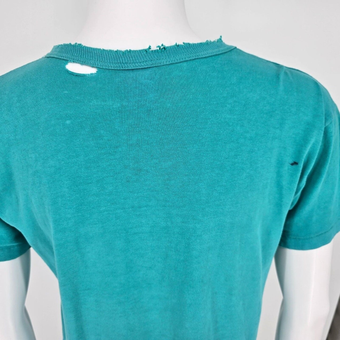 Distressed Vintage 1980s Champion Script Logo Single Stitch Teal T-Shirt (M)