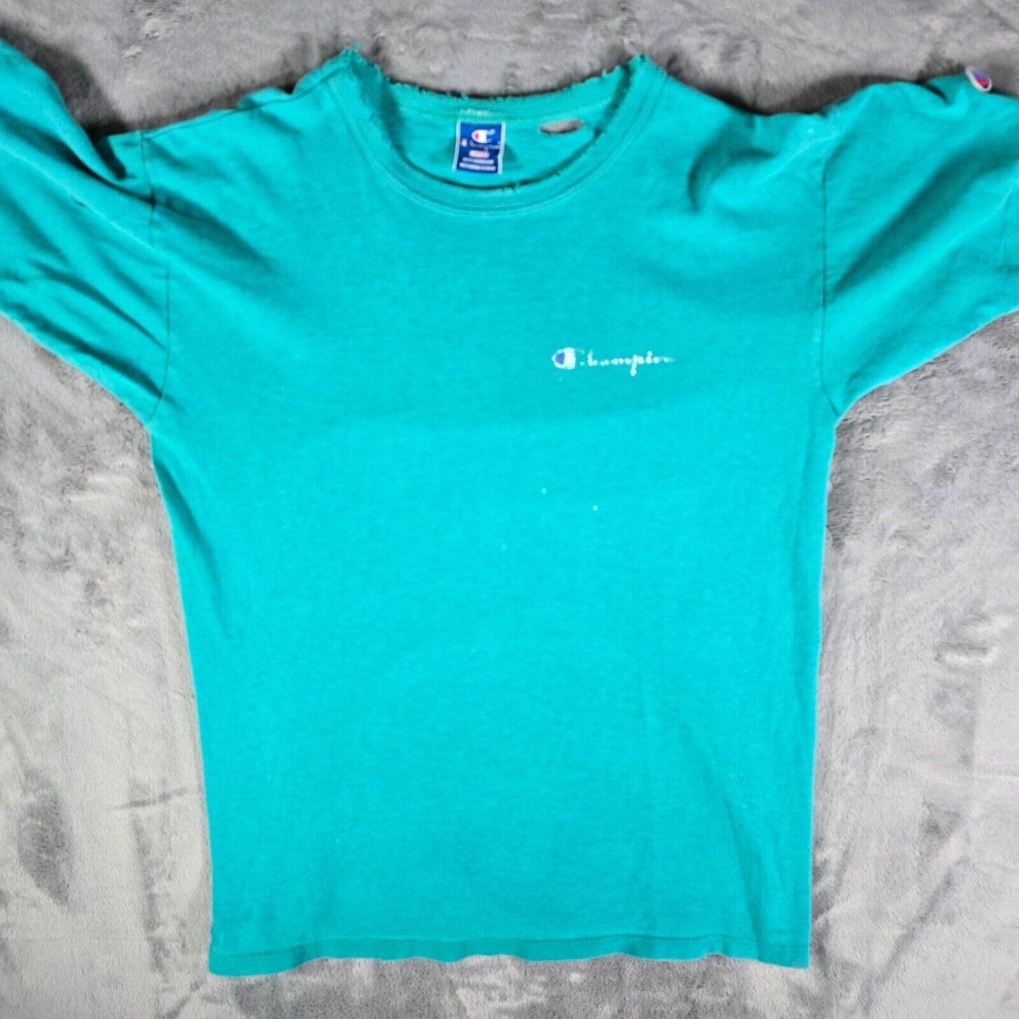 Distressed Vintage 1980s Champion Script Logo Single Stitch Teal T-Shirt (M)