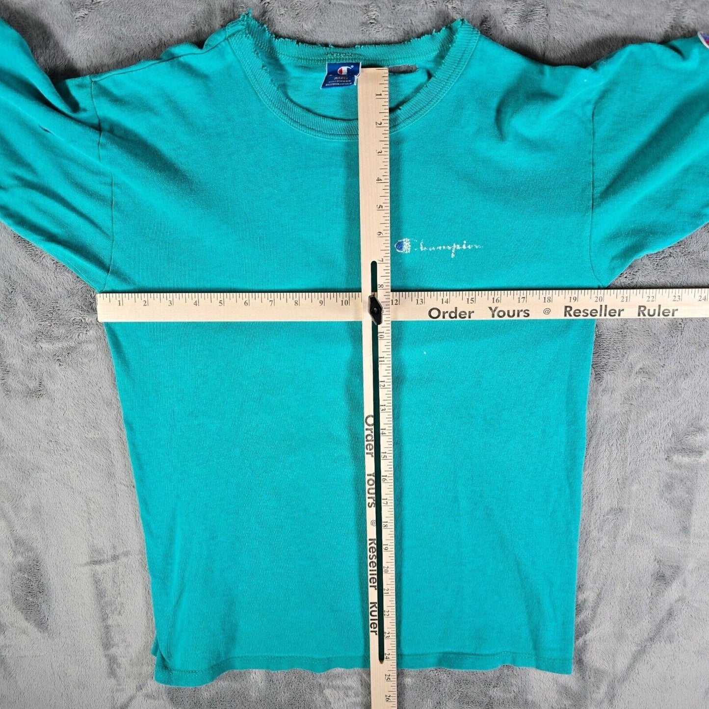 Distressed Vintage 1980s Champion Script Logo Single Stitch Teal T-Shirt (M)