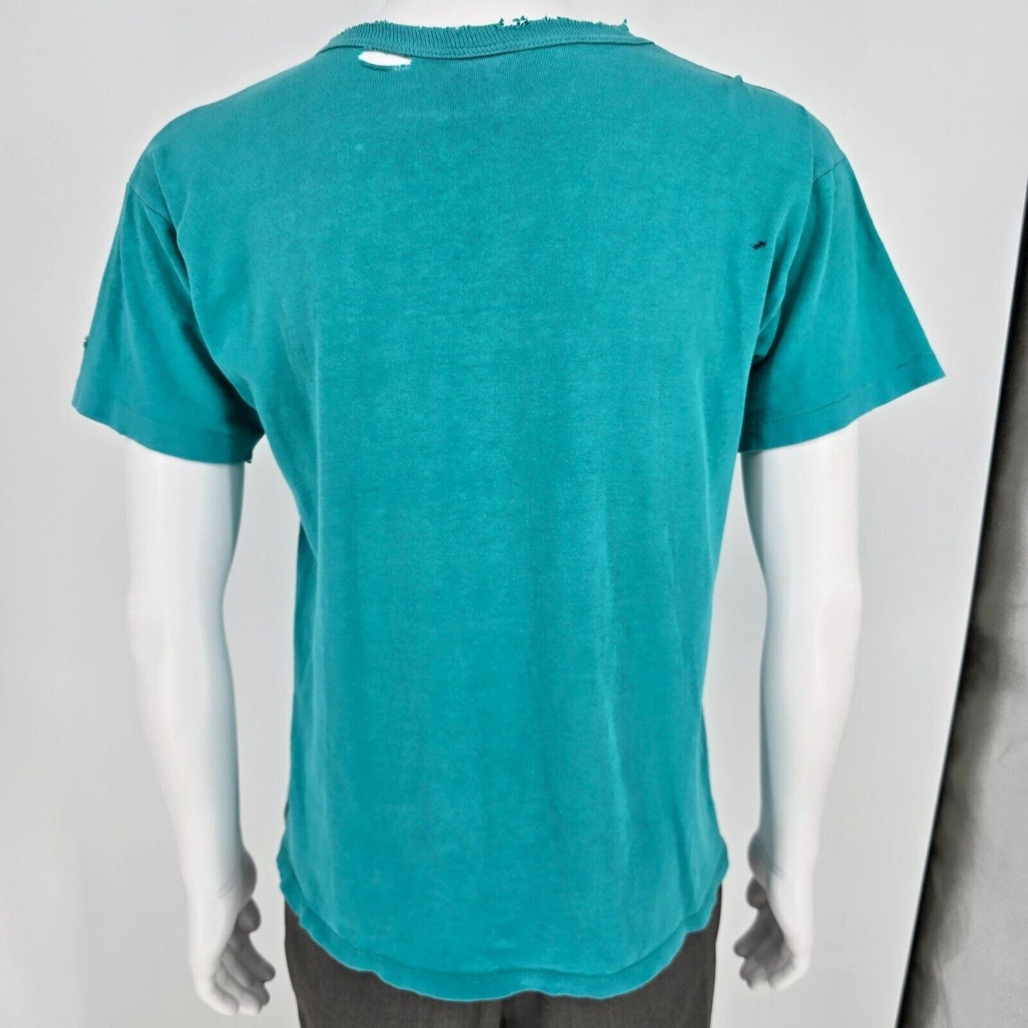 Distressed Vintage 1980s Champion Script Logo Single Stitch Teal T-Shirt (M)