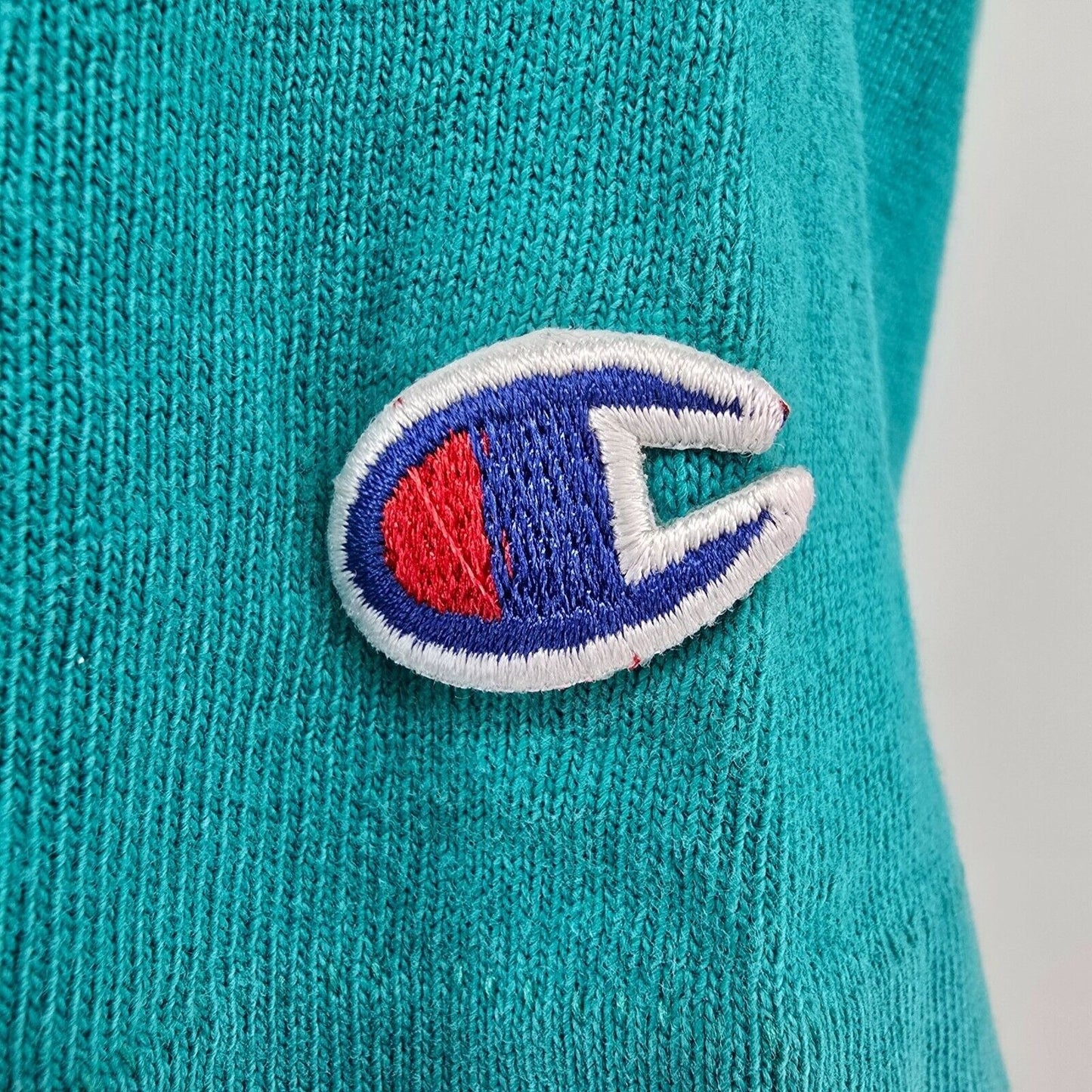 Distressed Vintage 1980s Champion Script Logo Single Stitch Teal T-Shirt (M)