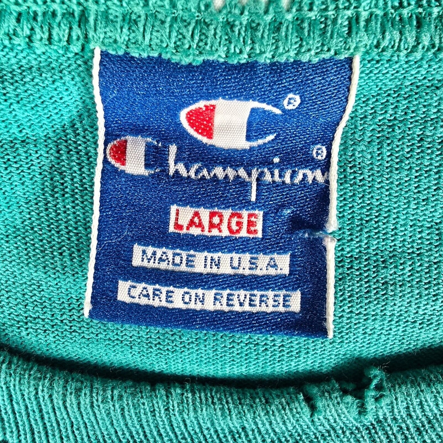 Distressed Vintage 1980s Champion Script Logo Single Stitch Teal T-Shirt (M)