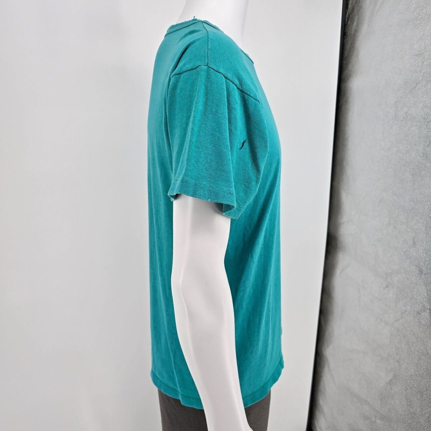 Distressed Vintage 1980s Champion Script Logo Single Stitch Teal T-Shirt (M)