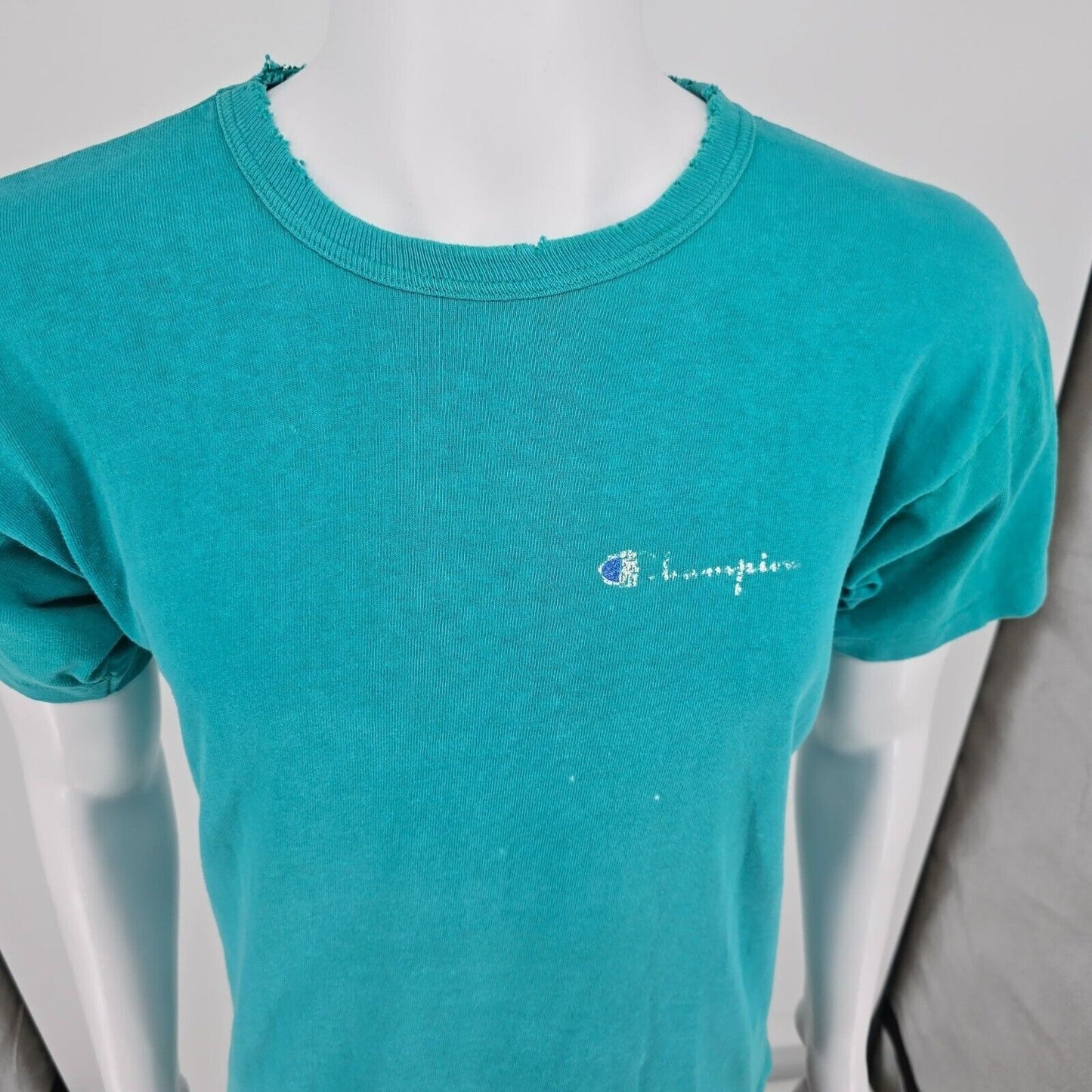 Distressed Vintage 1980s Champion Script Logo Single Stitch Teal T-Shirt (M)