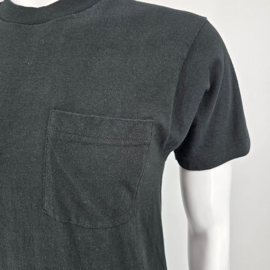 Vintage Late 1980s BVD Black Blank Cotton Selvedge Pocket Tee T-Shirt (S)