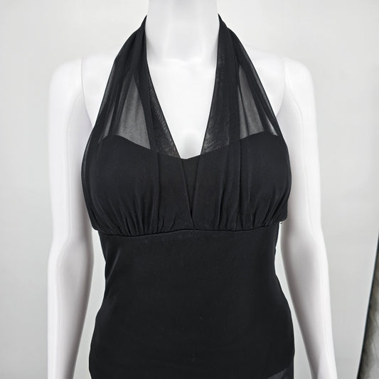 Vintage Y2K Taboo Clubwear Black Sheer Mesh Marilyn-Style Halter Dress (S)