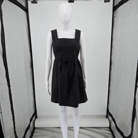 Vintage 1960s Black Sleeveless Square Neck Pleated Babydoll Mini Dress (M)