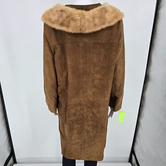 Vintage 1960s Unbranded Faux Fur Collar Mid Length Camel Color Suede Coat (16L/Large)