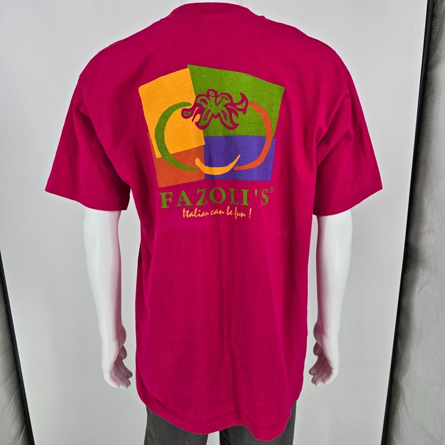 Vintage 1990s Fazoli's "Italian can be fun!" Single Stitch Fuschia T-Shirt (XL)