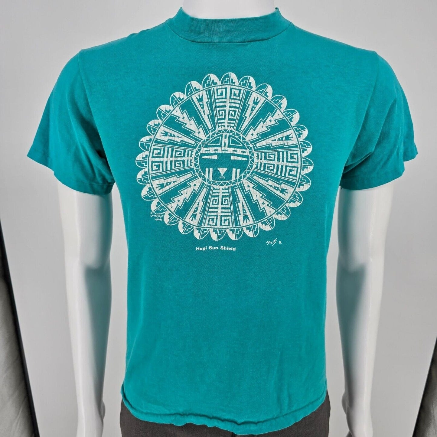 Vintage 1980s Single Stitch Hanes Beefy-T Hopi Sun Shield Teal T-Shirt (XS/S)