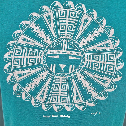 Vintage 1980s Single Stitch Hanes Beefy-T Hopi Sun Shield Teal T-Shirt (XS/S)