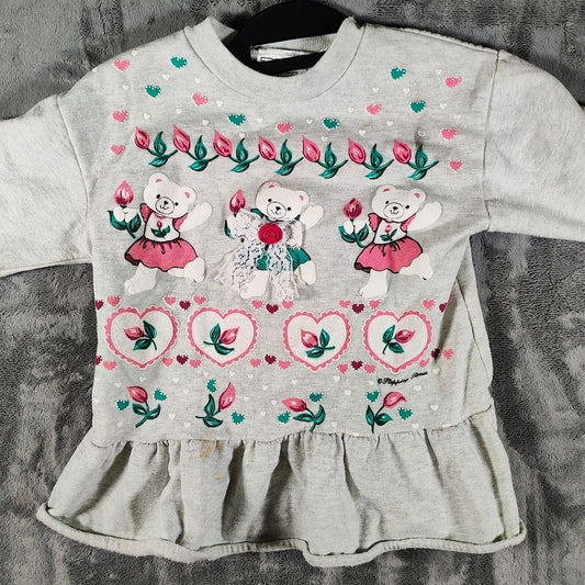 Vintage 1990s Designed '4' U Girls Gray Dress With Bear & Floral Design (Size 8)
