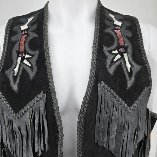 Vintage 1990s First Genuine Leather Men's Suede Beaded/Fringe Western Vest (M)