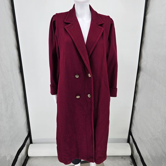 Vintage 1980s Jofeld Burgundy Double-Breasted Wool Blend Coat with Scarf (M)