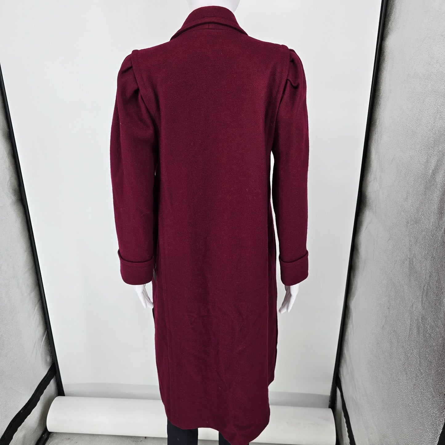 Vintage 1980s Jofeld Burgundy Double-Breasted Wool Blend Coat with Scarf (M)