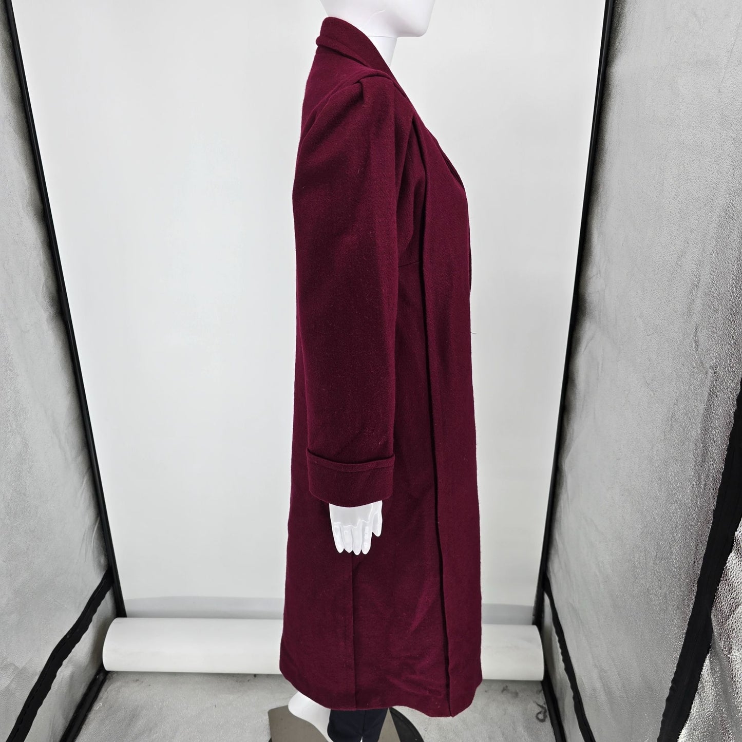 Vintage 1980s Jofeld Burgundy Double-Breasted Wool Blend Coat with Scarf (M)